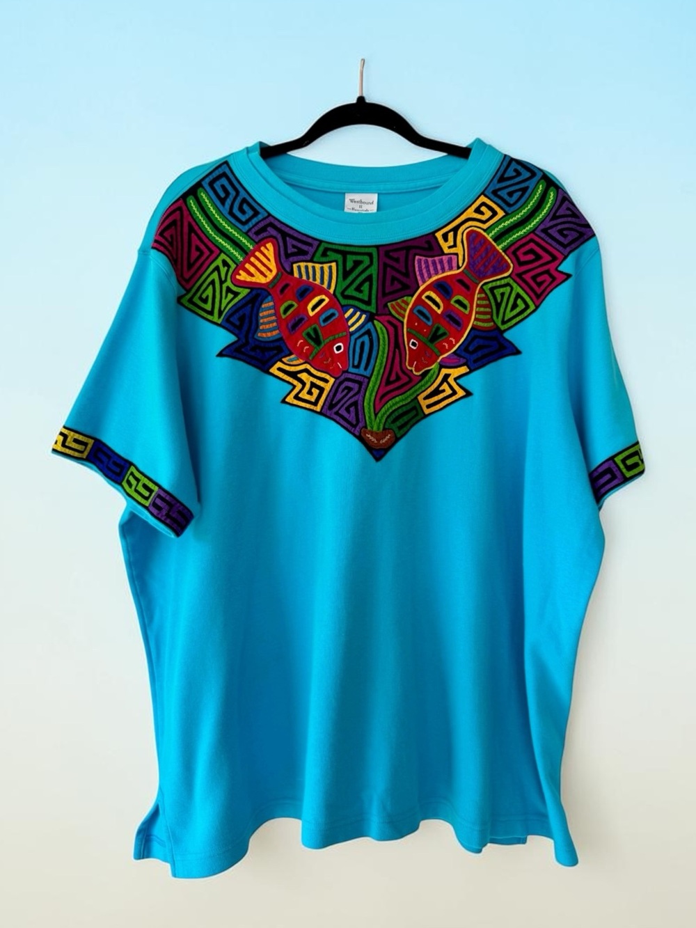 Vtg Blue Hand Stitched MOLA Art Panama Shirt Fish Sz 3X Colorful Artisan Unisex
